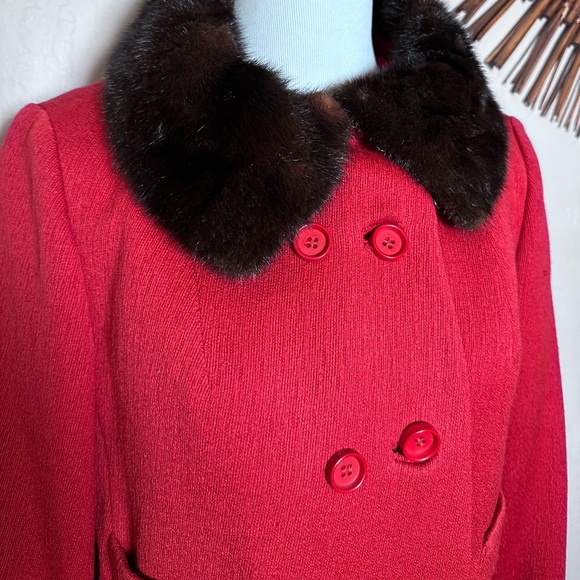 Vintage 1960s Ransohoff’s Wool 2 Pc Coat & Skirt MINK Collar Red Jack Feit Sz 10 - Picture 3 of 13
